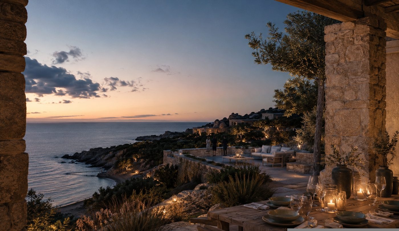 Estate terrace at dusk with warm lantern light